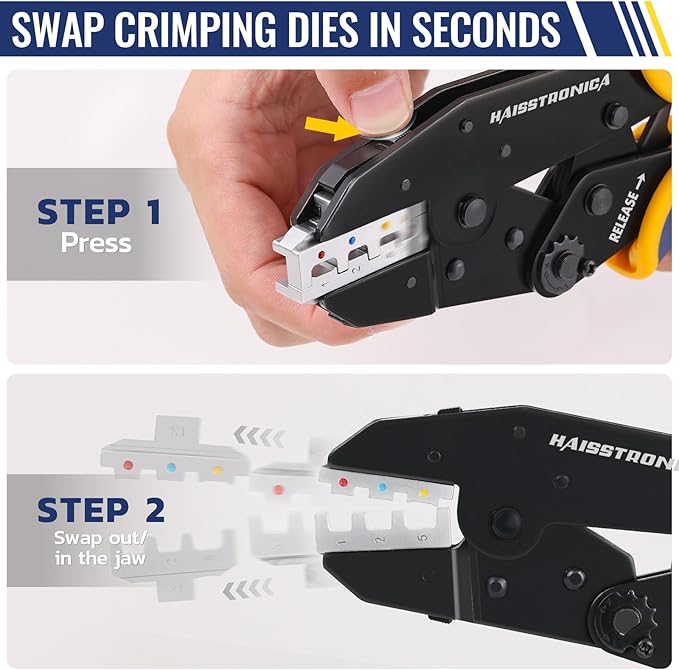 haisstronica 6 in 1 Crimping Tool Kit, Professional Ratchet Wire Crimper with 6 PCS Interchangeable Dies for Heat Shrink, Non-Insulated,Ferrule,Open Barrel,Insulated Connectors, Men Tool Gifts