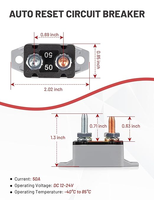 RED WOLF 50Amp Automatic Reset Circuit Breaker with Cover, DC 12V-24V Nylon Insulated & Anti-Rust Stud Type for Automotive Truck Camper RVs Solar Battery Chargers 1pcs