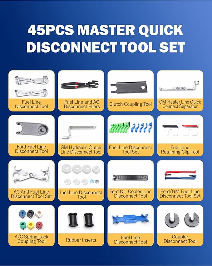 45pcs Master Quick Disconnect Tool Set Fuel Line Disconnect Tool Kit for Automotive A/C Fuel & Transmission Systems, Fuel Line Removal and Separator Tool Compatible with GM Ford Chrysler