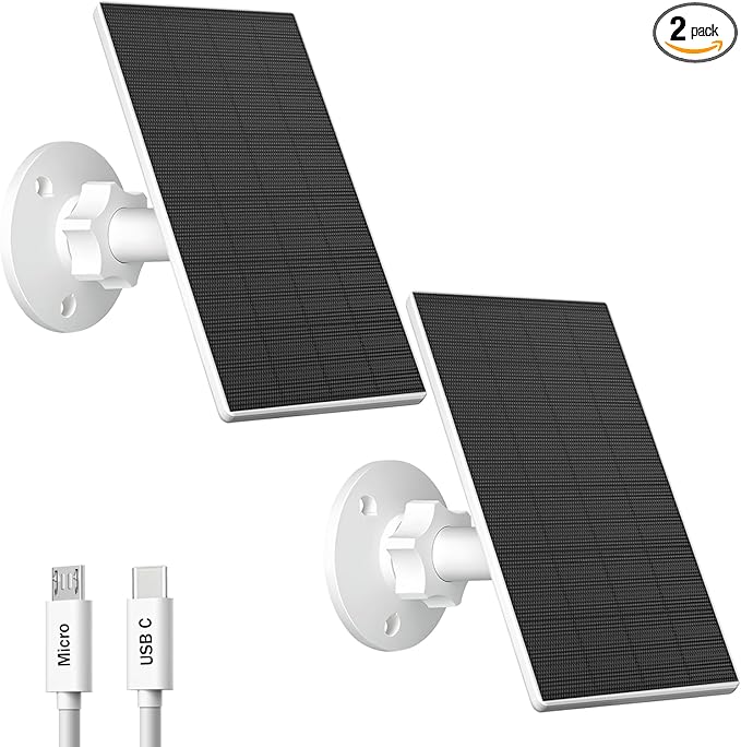 Zivif 2W Solar Panel for Security Cameras, Solar Charger with Micro USB & USB-C Port for Rechargeable Battery Security Camera, 360° Adjustable Mount (2 Pack)