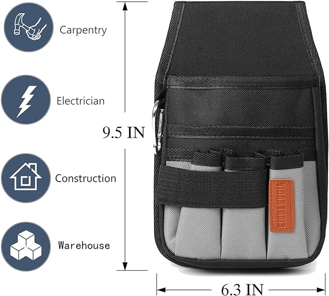 Small Tool Pouch with Belt Clip,Tool Belt Pouches,Electrician Tool Pouch.Mini Organizer Pocket Attachment for Tool Belt,5 Pockets and Heavy-Duty Metal Belt Clip Attachment.…