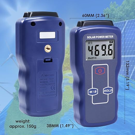 Solar Power Meter Digital Solar Meter, Solar Irradiance Meter for Solar Energy Testing, Solar Transmission Meter with Accuracy Drift<1.5%/Year&Btu/(ft2-h)& W/m² Units for Meteorology Sun Measurement