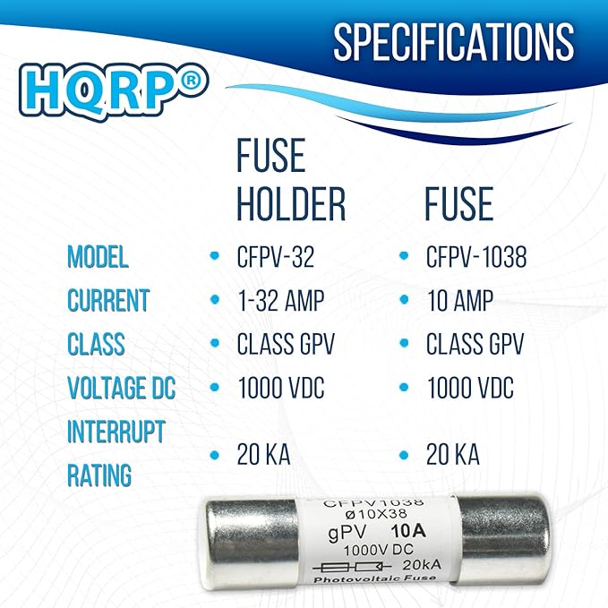 HQRP Combo: 1-Pack Solar PV CFPV-32 DIN Rail Fuse Holder, 1-32Amp, 1000VDC and 2-Pack Photovoltaic Fast Acting Fuse Links CFPV-1038, gPV Type, 10 Amp 1000V DC, 10x38mm, 20kA IR, Solar PV Ceramic Fuses