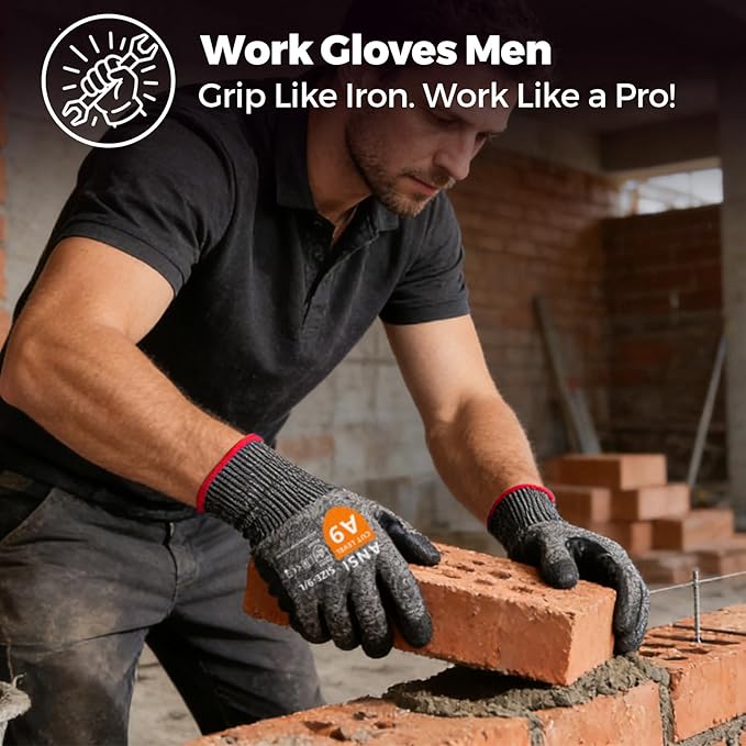Donfri A9 Cut Resistant Work Gloves for Men, Safety Gloves for Men Touchscreen with Reinforced Thumb for Metal Glass Wood