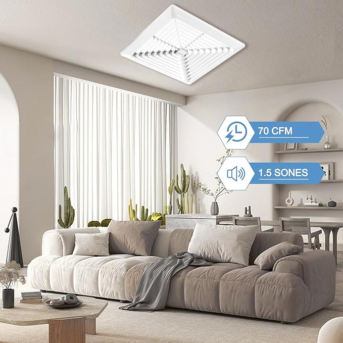 Bathroom Exhaust Fan 70CFM 2.0Sone, 3-Inch Duct, Quiet,Energy Star Certified, Easy to Install, No Attic Access Needed,Ceiling or Wall Mounted, Classic White Grille