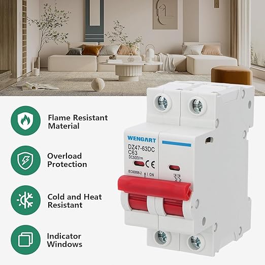 Wengart DC Miniature Circuit Breaker DZ47-63Z,500V 2 Poles 63A,Work for Battery and Solar PV Systems and Other DC Systems, DIN Rail Mount,Disconnect Switch