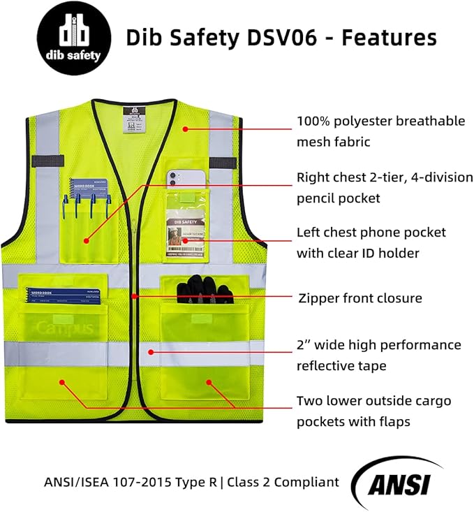 Dib Safety Reflective Vest ANSI Class 2, High Visibility Vest with Pockets and Zipper, Construction Work, Hi Vis
