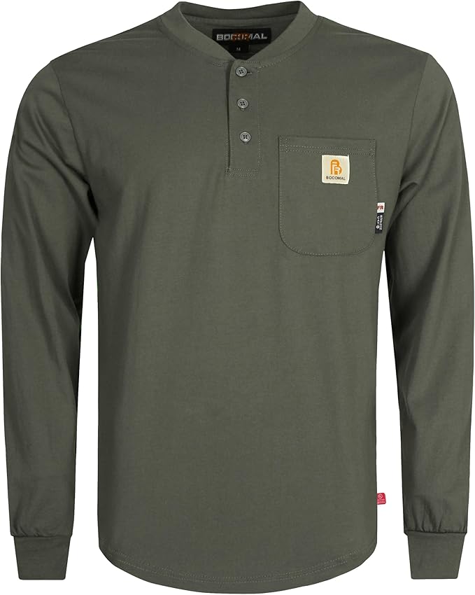 BOCOMAL FR Shirts 6oz Lightweight Flame Resistant Long Sleeve Henley Shirt Fire Retardant Workwear NFPA2112 CAT2