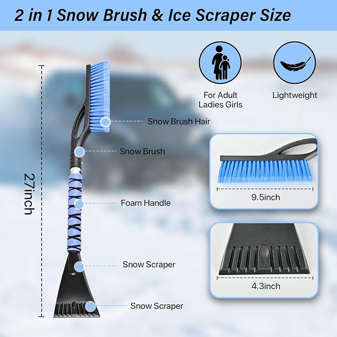 27" Snow Brush and Ice Scrapers Detachable Pivoting, Soft Bristle Head,Foam Grip, for Car,Trucks,or SUV Window & Windshield Tool (1pcs)