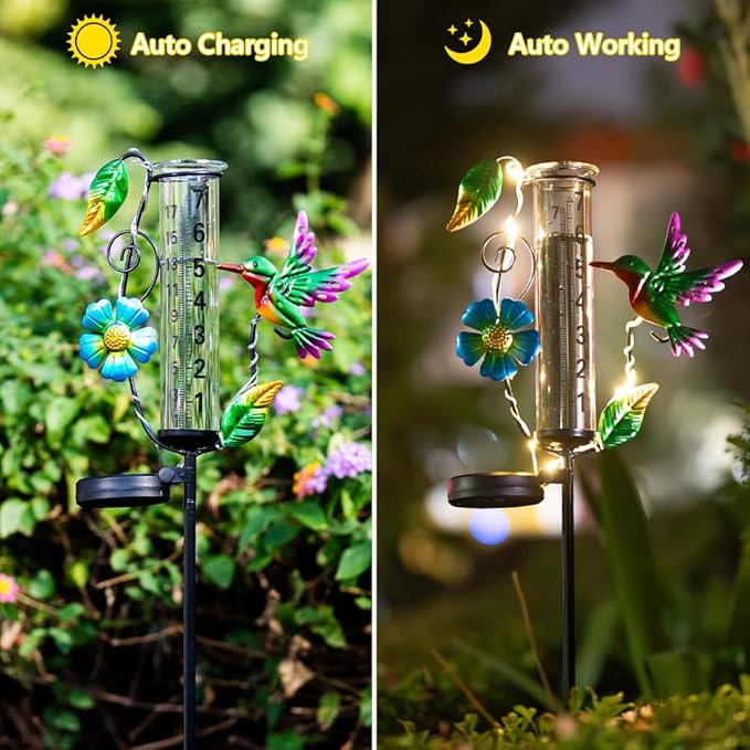 Hummingbird Rain Gauge Outdoor,Decorative Rain Gauges with LED Solar Lights,7” Glass Tube Rain Gauge Freeze Proof for Garden Patio Lawn