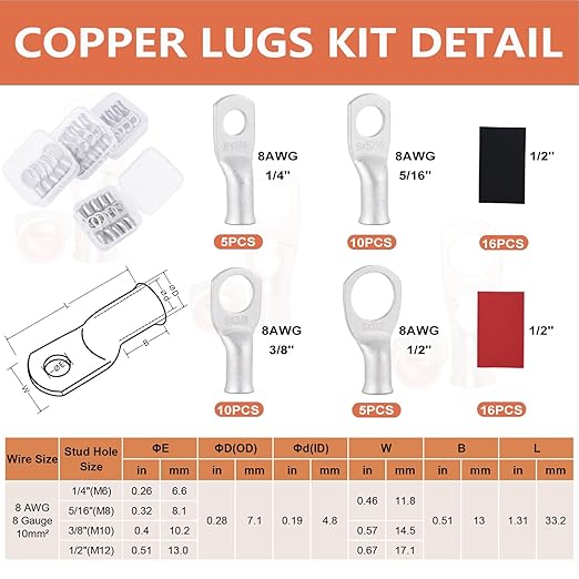 8 AWG Tinned Copper Ring Terminal Kit (62 Pcs) - 30 Battery Lugs (1/4", 5/16", 3/8", 1/2") with 32 Heat Shrink Tubes for 8 Gauge Wire in Automotive, Solar, Marine, RV Applications