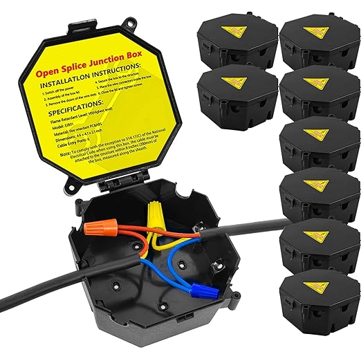 Black Open Splice Junction Box (8 Pack), Wire Electrical Junction Box Splice Box with Cover V0 Flame Retardant Rating(Highest Level)