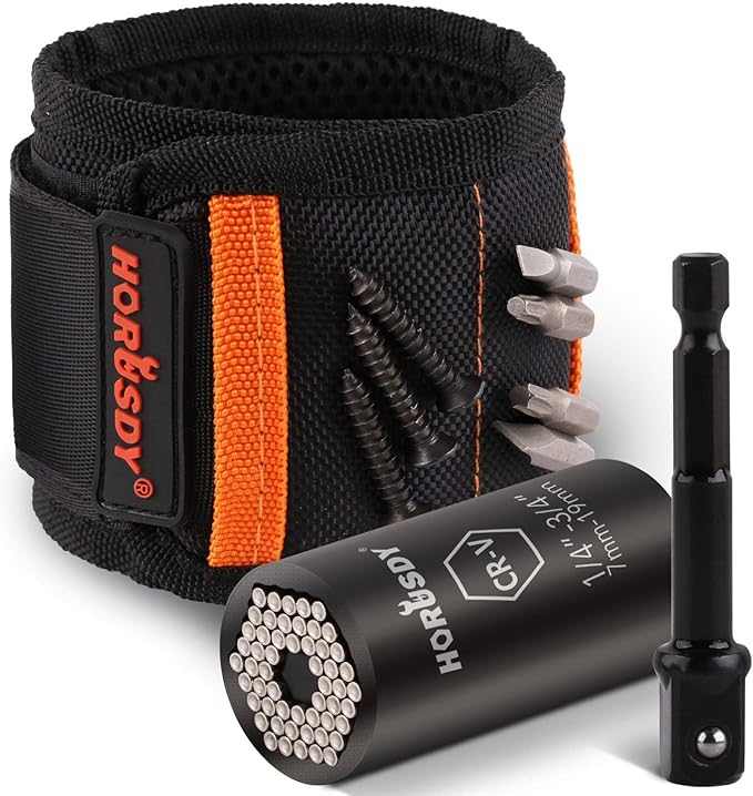 HORUSDY Magnetic Wristband & Universal Socket Grip (7–19mm), Stocking Stuffers Gifts for Dad with Strong Magnets for Holding Screws, Nails, Drilling Bits, DIY, Christmas Tool Gift for Men