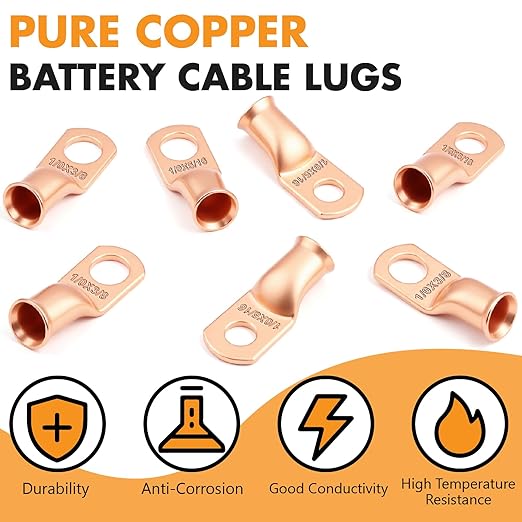 Jeemiter 20pcs 1/0 AWG Battery Lugs 3/8"(M10) & 5/16"(M8) Heavy Duty Copper Terminals with 20pcs 3:1 Heat Shrink Tubing - 0 Gauge Wire Connectors & Cable Ends in Dual-Neck Bottle for Auto Marine Solar