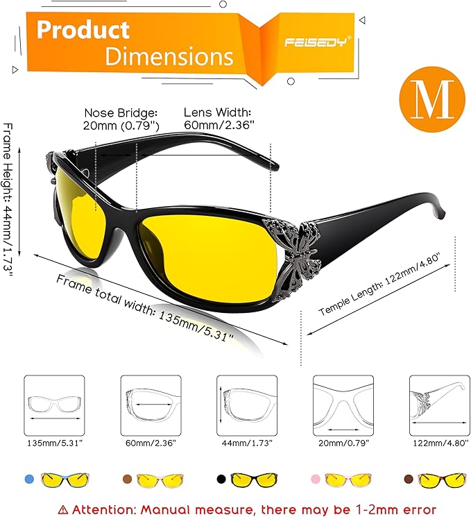 FEISEDY Classic Womens Night Glasses Driving Anti Glare Wrap Around Yellow Sunglasses B2548