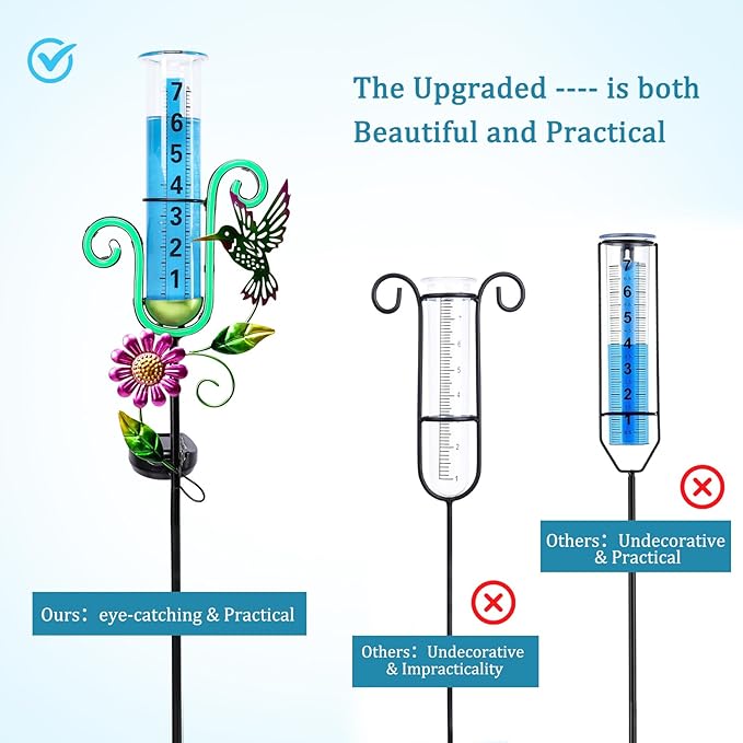WONDER GARDEN Rain Gauge Outdoor,Hummingbird with Led Neon Lights Decorative Rain Gauge,Freeze Proof Solar Rain Gauges Outdoors Best Rated for Yard,Garden,Lawn Decor