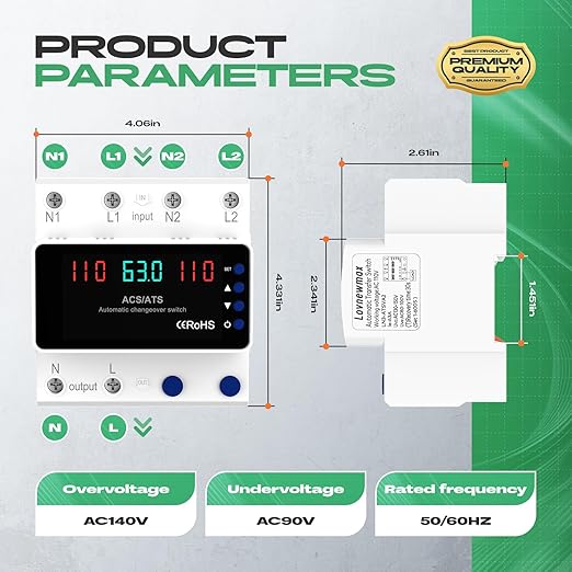 Automatic Transfer Switch 63A 110V, DIN Rail Mount Generator Transfer Switch with Automatic and Manual Operation, LED Display, Over Voltage and Over Current Protection, 50/60Hz