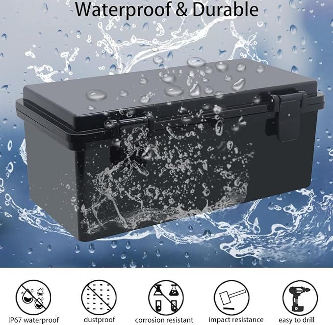 Junction Box, Hinged Black Cover IP67 Waterproof ABS Project Box with Mounting Plate Electrical Box Enclosure with Wall Bracket 10.6 x 5.1 x 4.3inch(270x130x110mm)