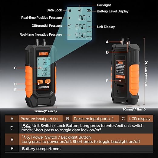Manometer Gas Pressure Tester, Digital Manometer, -100-200Kpa, 6 Units Differential Pressure Gauge, Max/Min/Data Storage, 2-Port Tester for HVAC/Automotive Brake/Industrial/Lab Calibration (Mini)