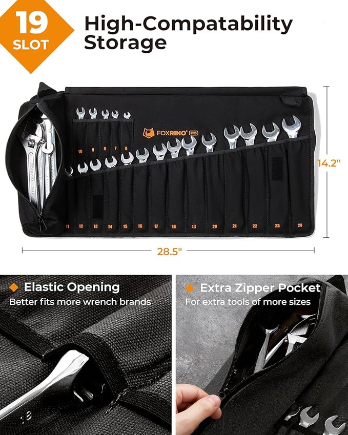 Wrench Roll, Wrench Roll Up Pouch, 19-Pocket Heavy Duty Canvas Wrench Organizer Bag for Metric Combination Wrenches, Portable Tool Roll Bag, Gifts for Men for Christmas(Black, 19+1 Metric)