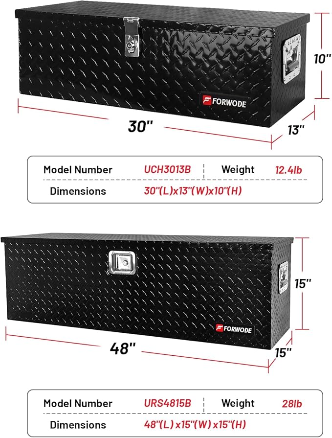 FORWODE 30&48 Inch Aluminum Truck Tool Box Lockable Truck Bed Tool Box Waterproof Truck Bed Storage Box with Gas Struts Side Handle Truck Tool Chest for Pickup, Truck Bed, RV, Trailer & Garage (Black)