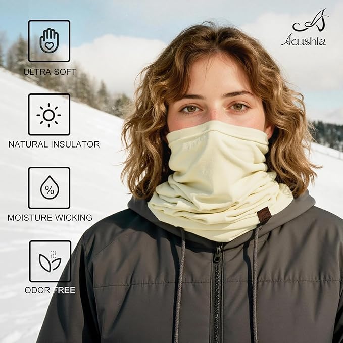 ACUSHLA 100% Merino Wool Neck Gaiter for Men & Women Ski Face Mask Winter Scarf Neck Warmer All Weather, Midweight Maple Leaf