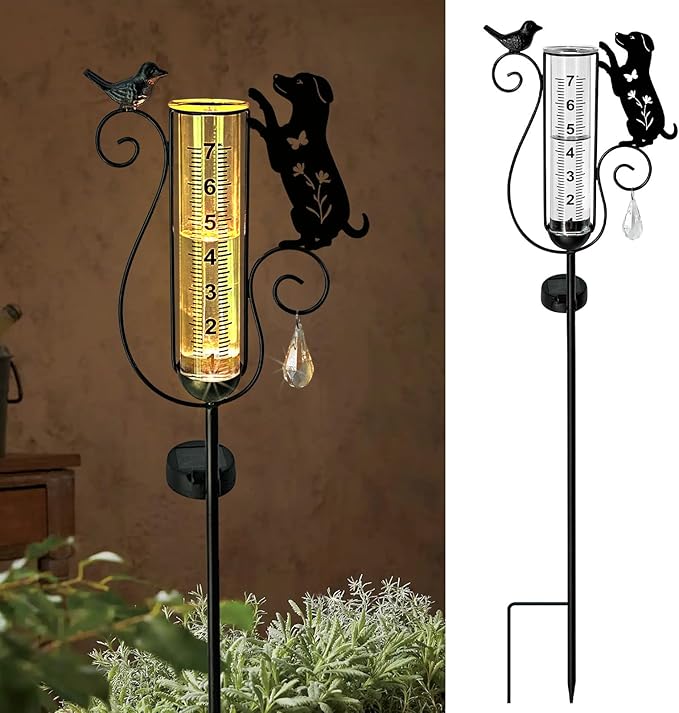 Outdoor rain Gauge Accurate Outdoor rain Gauge Garden rain Gauge with Black Dog and Bird Solar Light Stake Decorative rain Gauge for Garden Patio Lawn with Large Numbers 37 in Tall
