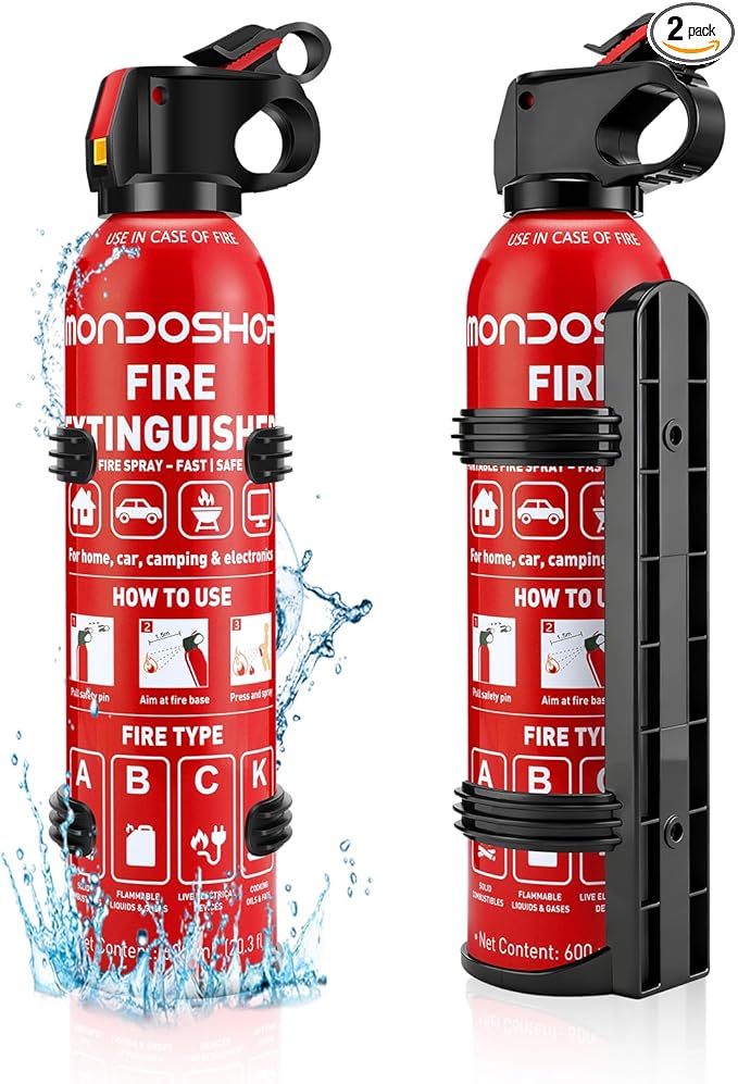 Portable Fire Extinguisher for Home and Vehicle - Mondoshop 2-Pack Water-Based Small Fire Extinguisher with Mount for A, B, C, K Fire, Suitable for Vehicle, Home, Kitchen, Car, Boat, Camping, Business