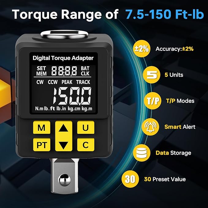 Upgrade Digital Torque Adapter, (±1% Accuracy, 7.5-150Ft-lb), 1/2" Digital Torque Wrench Adapter for Car, Versatile Meter - Smart Alert | Peak/Track | Preset | Store/Delete, for Automotive(203N.m)
