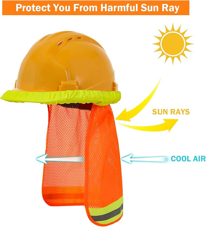 TCCFCCT Hard Hat Sun Shade, High Visibility Neck Shield with Secure-Fit Fastener, Mesh Neck Sun Shade Protector with Reflective Strip, Construction Helmets Use, Hard Hat Not Included, Orange, 5 Packs
