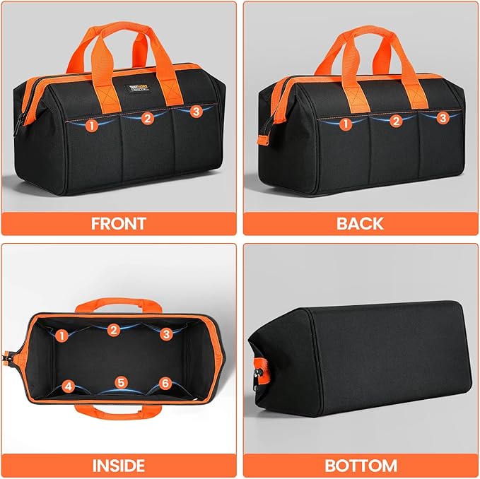 Wide Mouth Tool Bag, Heavy Duty Tool Bags for Men, 12-Pocket Portable Empty Tool Box Organizer Storage for Mechanic, Electrician, 17.3 inch, 600D Oxford, Orange