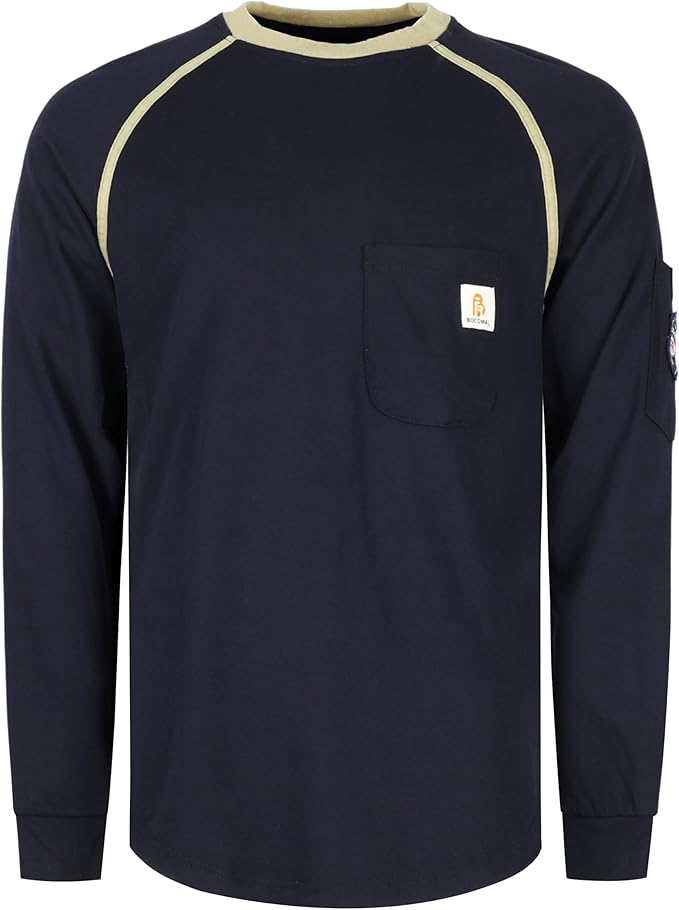 BOCOMAL FR Shirts for Men Crew Neck Long Sleeve 5.5oz Light Weight Flame Resistant/Fire Retardant Clothing Shirt