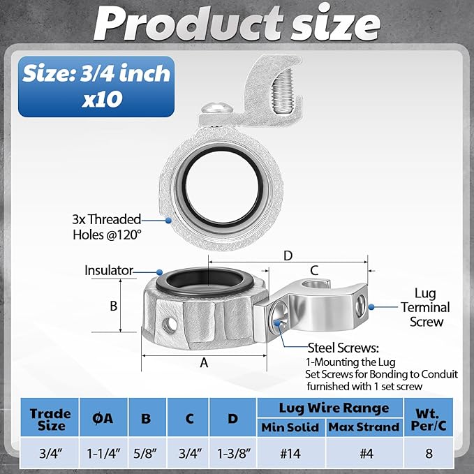 Blulu 10 Pcs 3/4 Inch Insulated Grounding Bushing with Adjustable Lay in Lug Zinc Plated Malleable Iron Grounding Ground Bond Bushing