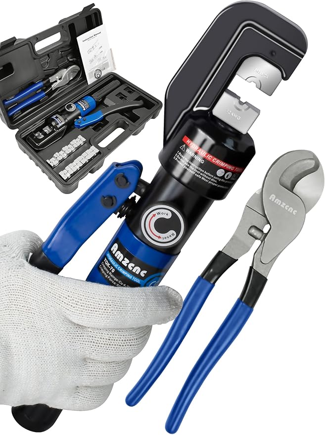 AMZCNC Hydraulic Crimping Tool and Cable Cutter Hydraulic Cable Lug Crimper 10 US TON 12 AWG to 00 (2/0) Electrical Terminal Cable Wire Tool Kit with 9 Die
