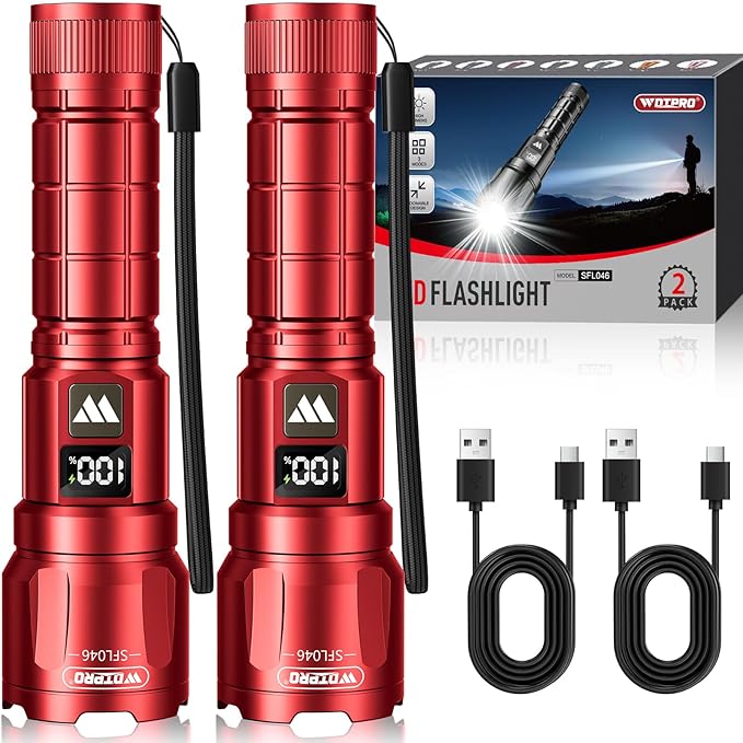 WdtPro LED Rechargeable Flashlight 2 Pack, Super Bright Zoomable 6000 Lumens Tactical Flashlight with LCD Digital Display, 3 Mode Waterproof Flash Light for Camping, Hunting & Home Emergency - Red