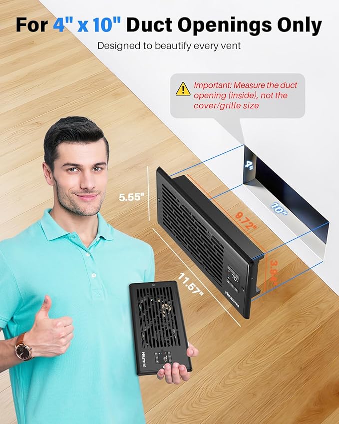 Hisummer Register Booster Fan for 4" x 10" Floor Register, Quiet 10-Speed Vent Fan Booster with Temp Sensor, 150 CFM Airflow, Improves Heating & Cooling, Remote Control, Only Fits 4x10 Duct Openings