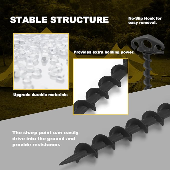 Tent Stakes Ground Anchors Screw in, 10 Pack Sand Stakes for Beach 9.4 Inch Heavy Duty Spiral Tent Pegs for Camping, Party, Hiking, Outdoor Decoration (10, Black)