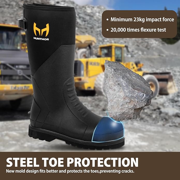 Rubber Work Boots, Puncture-Proof with Steel Toe & Shank, Lightweight Waterproof Anti Slip EVA Outsole Hunting Boots for Men, 6mm Neoprene for Construction, Manufacturing or Farming(Size 6-14)