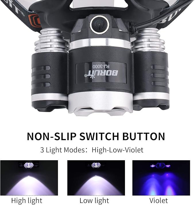 BORUIT RJ-3000 LED Black Light Headlamp,3 Modes White and UV Light Headlamp,Super Bright Rechargeable Blacklight Headlight Head Lamp for Hunting Camping Hiking Fishing Working