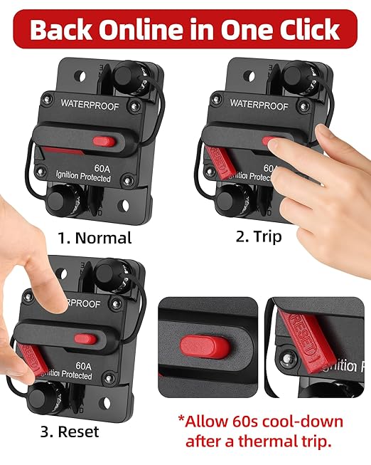 60 Amp Marine Circuit Breaker Switch for Trolling Motor Battery Box, Premium 12V - 48V 60A DC Breaker for Boat Motor, RV, Solar Panel & Car Audio, One-Click Reset, No Fuse Needed