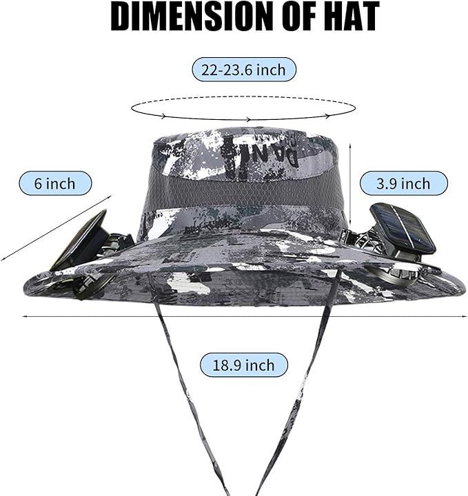 Wide Brim Outdoor Solar Fan Hat, UPF 50+ Fishing Hat for Man with 2 Solar Fan, 3 Modes 180°Rotating Fan Hats