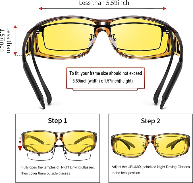 URUMQI Night Vision Driving Glasses Fit Over Eyeglasses for Men Women, Anti Glare Polarized Nighttime Glasses Yellow Lens