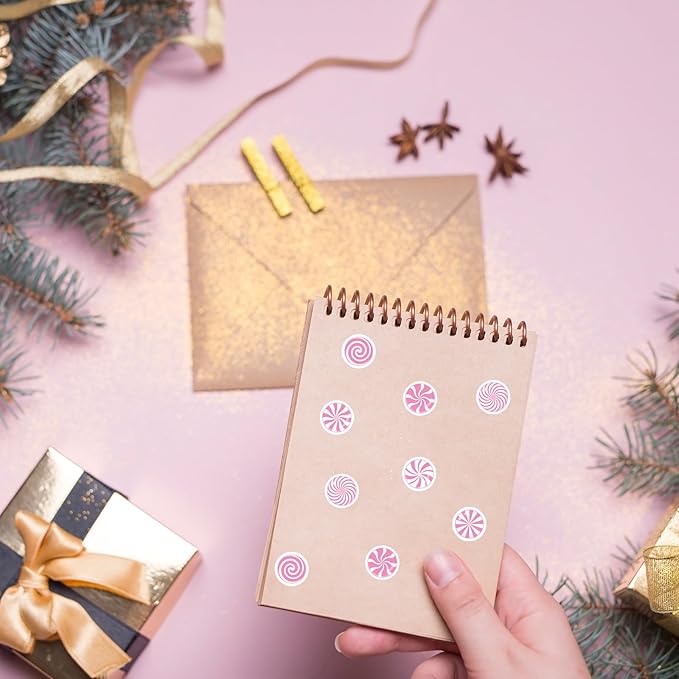 JarThenaAMCS 2400 Pcs Christmas Mini Sticker Paper Decal Xmas Pink White Peppermint Candy Self-Adhesive Sticker for Envelope Scrapbook Gift DIY Supplies, 0.5 in