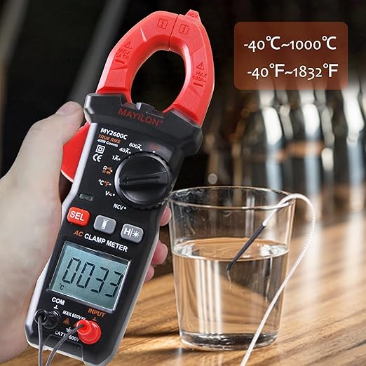 600A AC Clamp Meter, 4000 Counts AC/DC True RMS Digital Multimeter with CAT III Safety, Data Hold, Backlight & Temperature Sensor – for Electrical Maintenance Mayilon MY2600C
