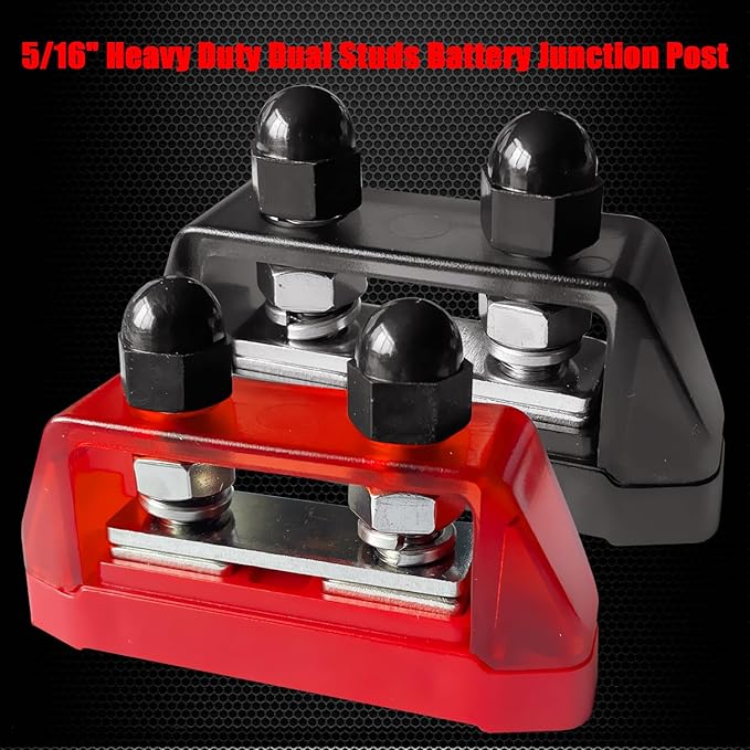 Ampper 5/16" Power Distribution Block Bus Bar 12V 200A, Dual Studs M8 Busbar Battery Junction Post Distribution Block for Car and More (W/Cover, Red and Black)