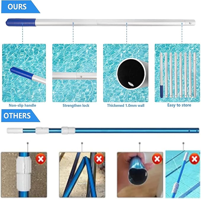 POOLWHALE 10.5 Foot Premium Aluminum Telescopic Swimming Pool Pole, Special Stripes Texture Strong Grip, Adjustable 8 Pieces 1.0 mm Expandable Step-Up, for Skimmer Nets, Vacuum Heads and Brushes