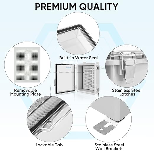TICONN Outdoor Electrical Box Waterproof, Junction Box IP67 ABS Plastic Enclosure with Hinged Cover with Mounting Plate, Wall Brackets, Cable Glands (Clear, 8.7"x6.7"x4.3")