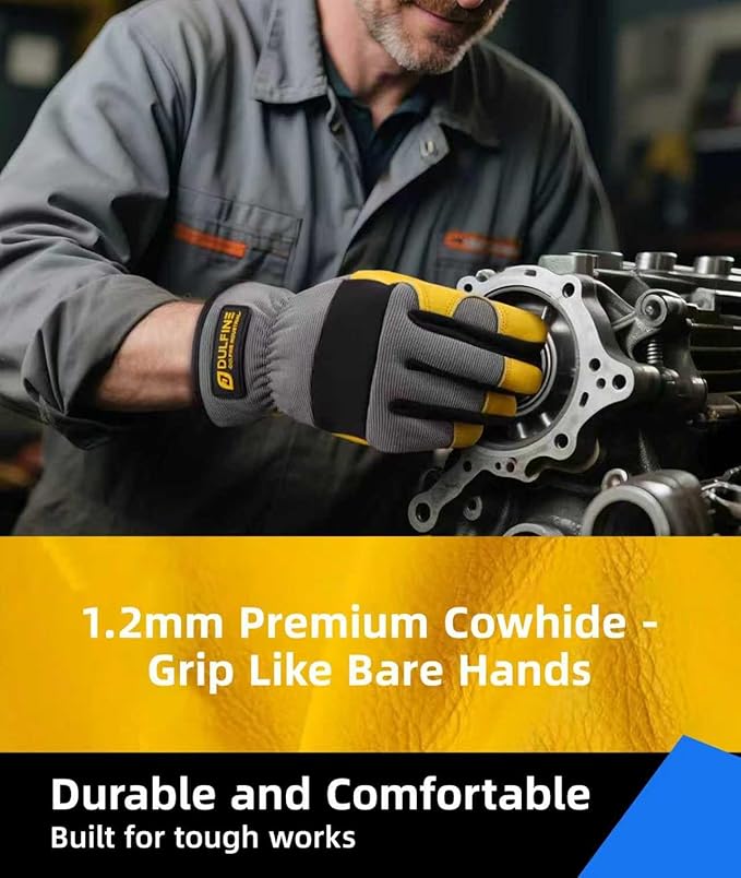 DULFINE Cowhide Leather Work Gloves for Men & Women, Reinforced Durable Gardening Gloves, Puncture & Cut Resistant