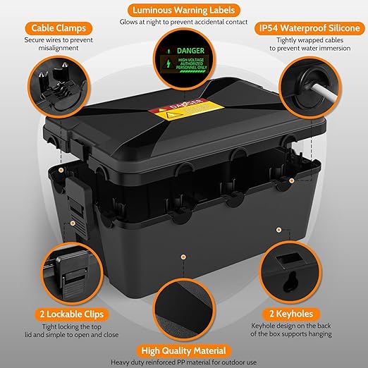 Wowbox Medium Outdoor Electrical Box Waterproof (12.6 x 8.5 x 5.2inch), Black Weatherproof Extension Cord Box w/6 Cable Entry, IP54 Waterproof Outdoor Outlet Covers for Power Strip, Plug