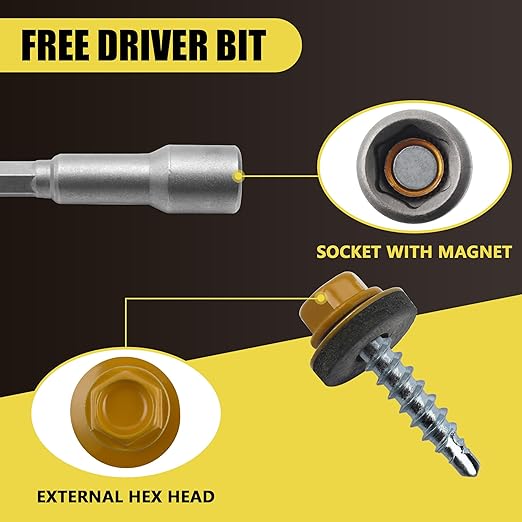 300pcs #10 x 1 Yellow Hex Head Self-Drilling Metal Roofing Screws, EPDM Washer, Colored Head, Wood Screws, Sheet Metal Roof Screw with Hex Driver Bit (Yellow, 1 in)